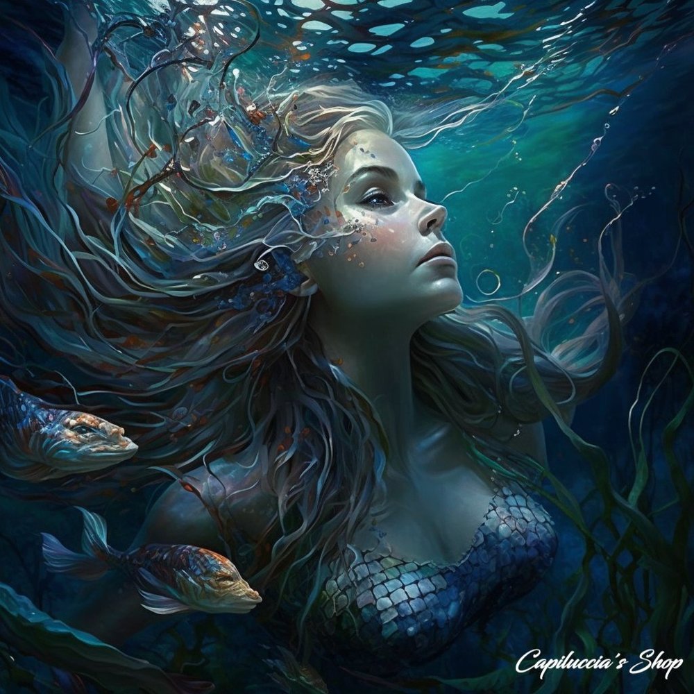 Beautiful long hair mermaid portrait picture poster
